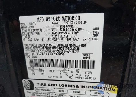 2011 Ford F-150 Xlt from USA, damaged, VIN 1FTFW1CTXBFC93636